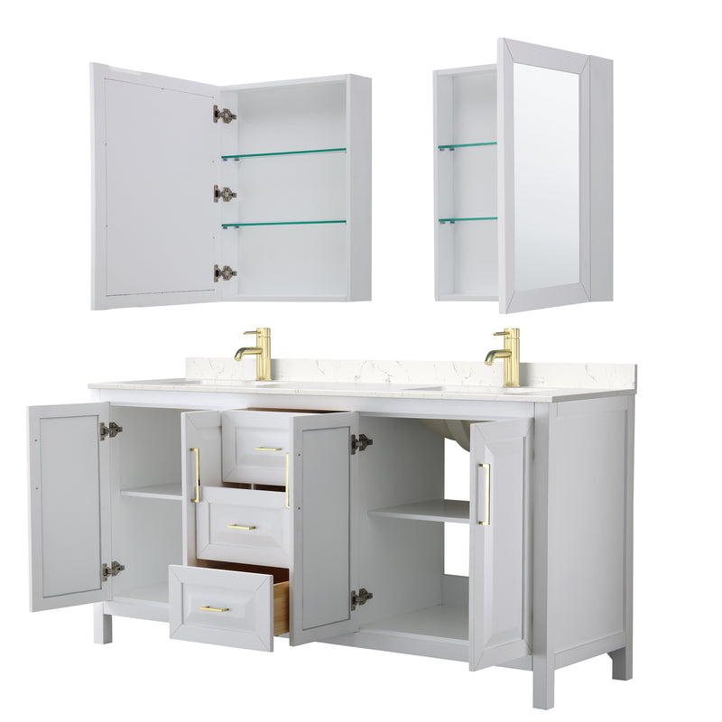 Wyndham Daria 72" Double Bathroom Vanity In White Light-Vein Carrara Cultured Marble Countertop Undermount Square Sinks Brushed Gold Trims and Medicine Cabinets WCV252572DWGC2UNSMED