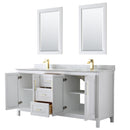 Wyndham Daria 72" Double Bathroom Vanity In White White Carrara Marble Countertop Undermount Square Sinks Brushed Gold Trims and 24" Mirrors WCV252572DWGCMUNSM24