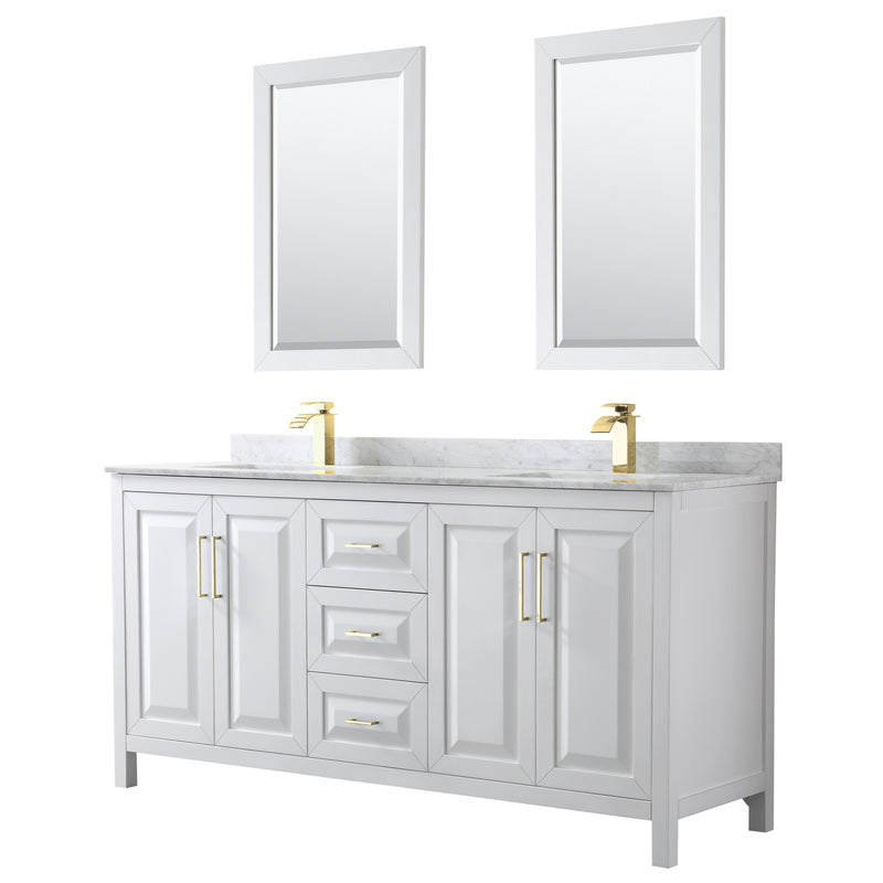 Wyndham Daria 72" Double Bathroom Vanity In White White Carrara Marble Countertop Undermount Square Sinks Brushed Gold Trims And 24" Mirrors WCV252572DWGCMUNSM24