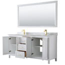 Wyndham Daria 72" Double Bathroom Vanity In White White Carrara Marble Countertop Undermount Square Sinks Brushed Gold Trims and 70" Mirror WCV252572DWGCMUNSM70