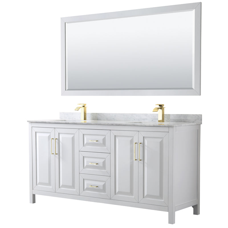 Wyndham Daria 72" Double Bathroom Vanity In White White Carrara Marble Countertop Undermount Square Sinks Brushed Gold Trims And 70" Mirror WCV252572DWGCMUNSM70