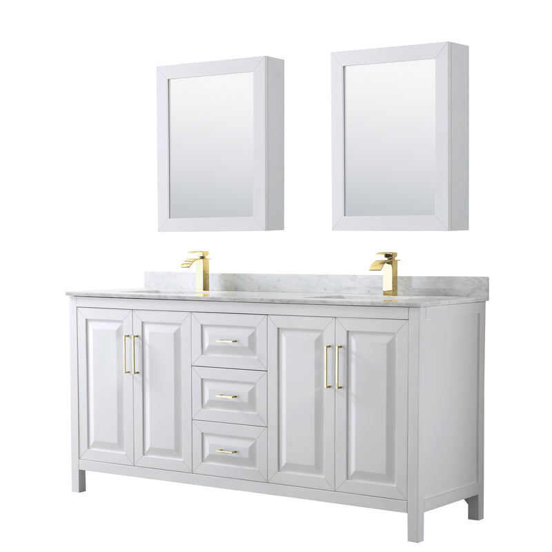 Wyndham Daria 72" Double Bathroom Vanity In White White Carrara Marble Countertop Undermount Square Sinks Brushed Gold Trims And Medicine Cabinets WCV252572DWGCMUNSMED