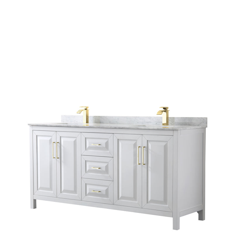 Wyndham Daria 72" Double Bathroom Vanity In White White Carrara Marble Countertop Undermount Square Sinks Brushed Gold Trims And No Mirror WCV252572DWGCMUNSMXX