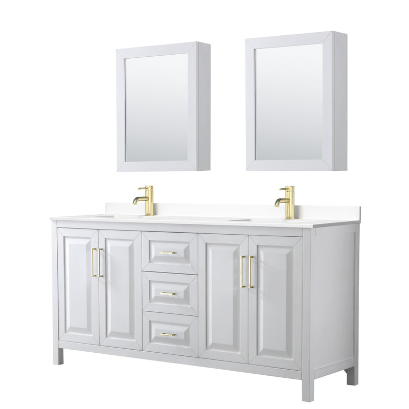 Wyndham Daria 72" Double Bathroom Vanity In White White Cultured Marble Countertop Undermount Square Sinks Brushed Gold Trims And Medicine Cabinets WCV252572DWGWCUNSMED