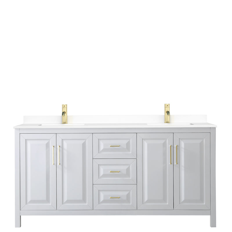 Wyndham Daria 72" Double Bathroom Vanity In White White Cultured Marble Countertop Undermount Square Sinks Brushed Gold Trims and No Mirror WCV252572DWGWCUNSMXX