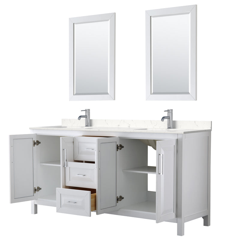 Wyndham Daria 72" Double Bathroom Vanity In White Light-Vein Carrara Cultured Marble Countertop Undermount Square Sinks and 24" Mirrors WCV252572DWHC2UNSM24