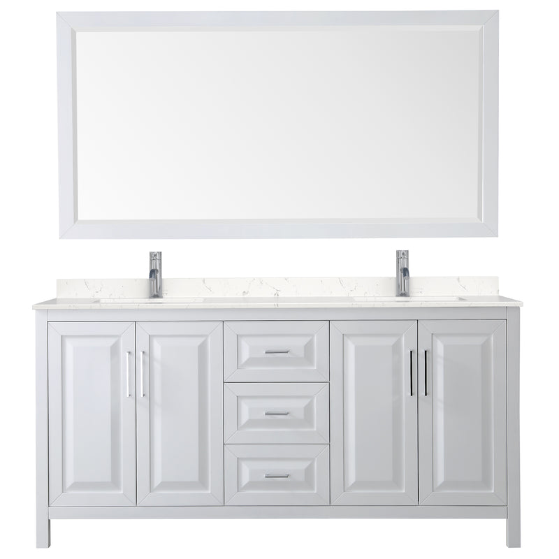 Wyndham Daria 72" Double Bathroom Vanity In White Light-Vein Carrara Cultured Marble Countertop Undermount Square Sinks and 70" Mirror WCV252572DWHC2UNSM70