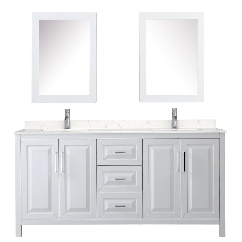 Wyndham Daria 72" Double Bathroom Vanity In White Light-Vein Carrara Cultured Marble Countertop Undermount Square Sinks and Medicine Cabinets WCV252572DWHC2UNSMED