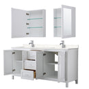 Wyndham Daria 72" Double Bathroom Vanity In White Light-Vein Carrara Cultured Marble Countertop Undermount Square Sinks and Medicine Cabinets WCV252572DWHC2UNSMED