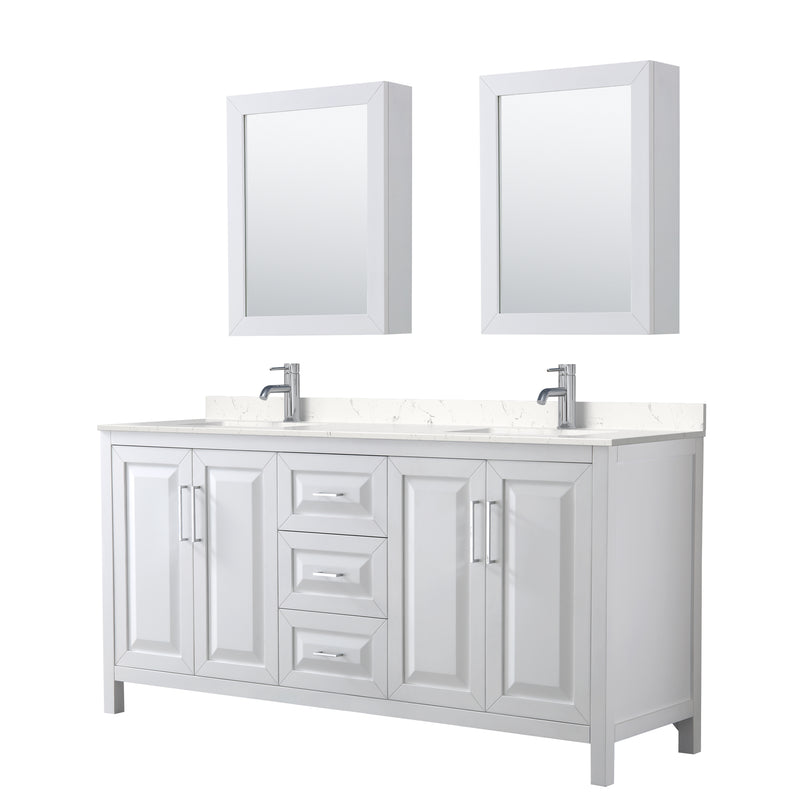 Wyndham Daria 72" Double Bathroom Vanity In White Light-Vein Carrara Cultured Marble Countertop Undermount Square Sinks And Medicine Cabinets WCV252572DWHC2UNSMED