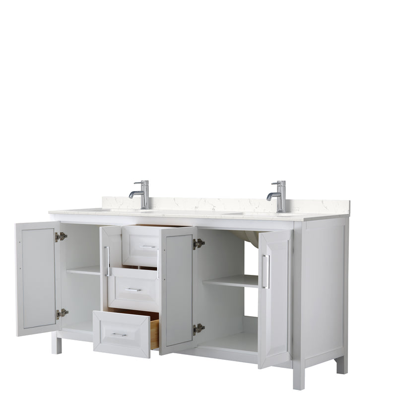 Wyndham Daria 72" Double Bathroom Vanity In White Light-Vein Carrara Cultured Marble Countertop Undermount Square Sinks and No Mirror WCV252572DWHC2UNSMXX