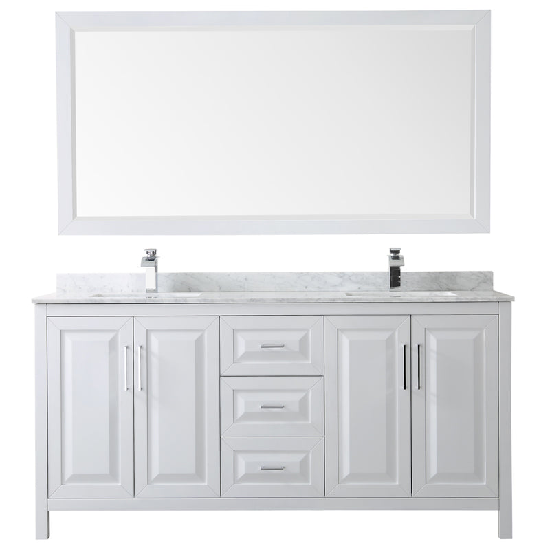 Wyndham Daria 72" Double Bathroom Vanity In White White Carrara Marble Countertop Undermount Square Sink and 70" Mirror WCV252572DWHCMUNSM70