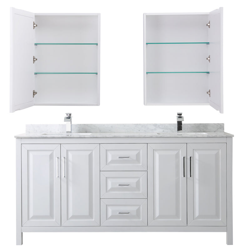 Wyndham Daria 72" Double Bathroom Vanity In White White Carrara Marble Countertop Undermount Square Sink and Medicine Cabinet WCV252572DWHCMUNSMED