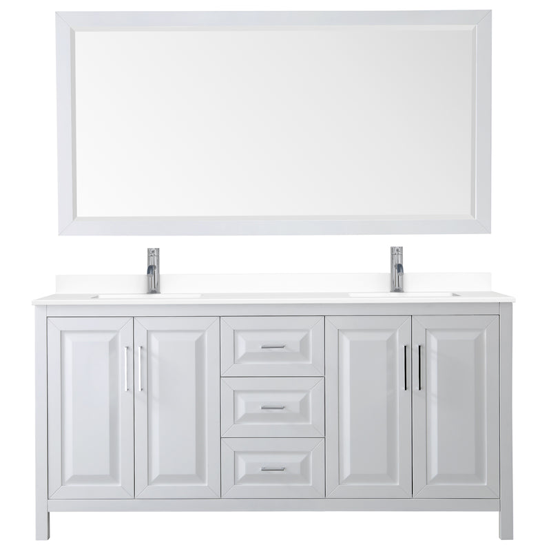 Wyndham Daria 72" Double Bathroom Vanity In White White Cultured Marble Countertop Undermount Square Sinks and 70" Mirror WCV252572DWHWCUNSM70