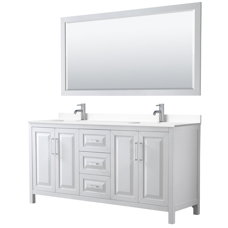 Wyndham Daria 72" Double Bathroom Vanity In White White Cultured Marble Countertop Undermount Square Sinks And 70" Mirror WCV252572DWHWCUNSM70