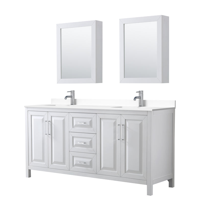 Wyndham Daria 72" Double Bathroom Vanity In White White Cultured Marble Countertop Undermount Square Sinks And Medicine Cabinets WCV252572DWHWCUNSMED