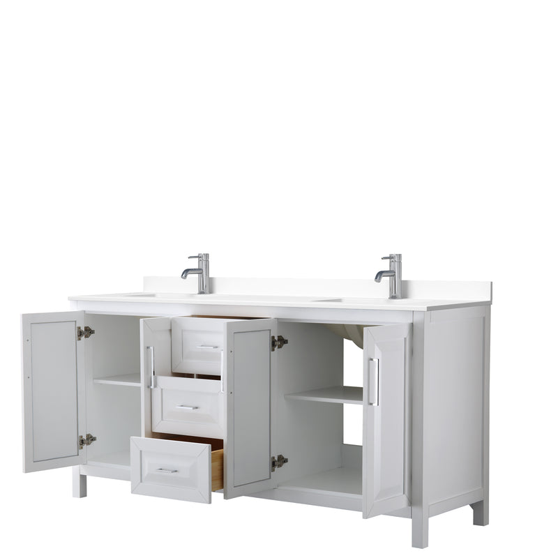 Wyndham Daria 72" Double Bathroom Vanity In White White Cultured Marble Countertop Undermount Square Sinks and No Mirror WCV252572DWHWCUNSMXX