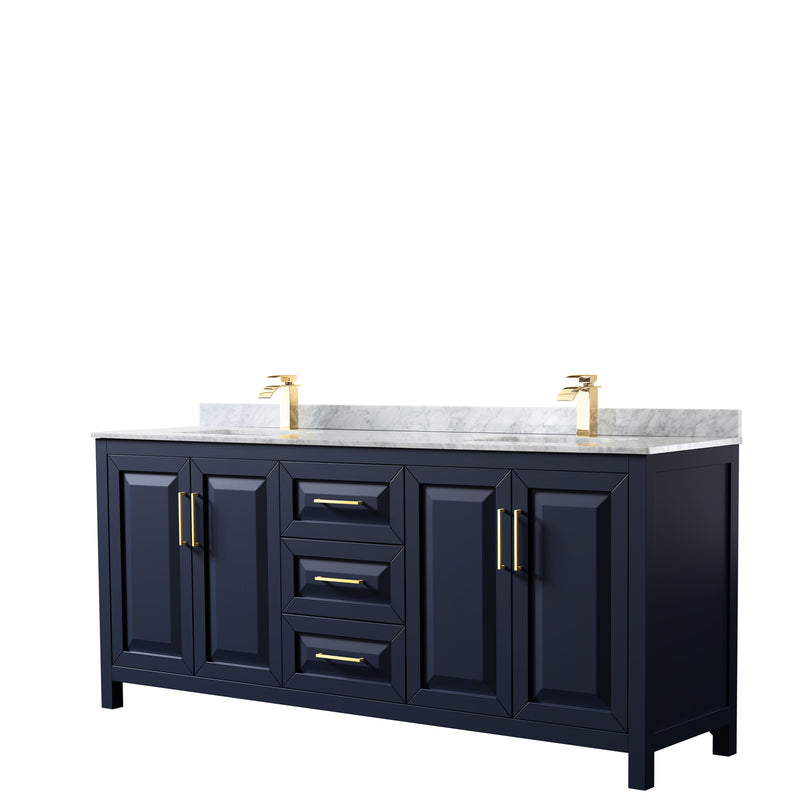 Wyndham Daria 80" Double Bathroom Vanity In Dark Blue White Carrara Marble Countertop Undermount Square Sinks And No Mirror WCV252580DBLCMUNSMXX