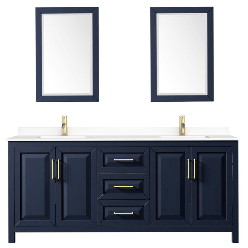 Wyndham Daria 80" Double Bathroom Vanity In Dark Blue White Cultured Marble Countertop Undermount Square Sinks and 24" Mirrors WCV252580DBLWCUNSM24