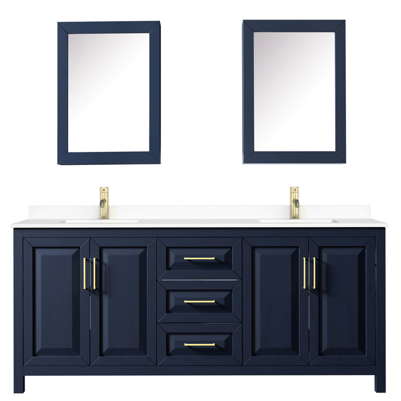 Wyndham Daria 80" Double Bathroom Vanity In Dark Blue White Cultured Marble Countertop Undermount Square Sinks and Medicine Cabinets WCV252580DBLWCUNSMED