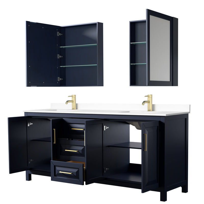 Wyndham Daria 80" Double Bathroom Vanity In Dark Blue White Cultured Marble Countertop Undermount Square Sinks and Medicine Cabinets WCV252580DBLWCUNSMED