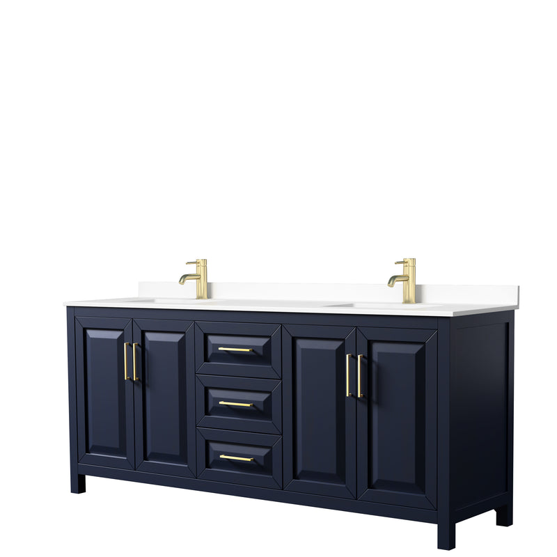 Wyndham Daria 80" Double Bathroom Vanity In Dark Blue White Cultured Marble Countertop Undermount Square Sinks And No Mirror WCV252580DBLWCUNSMXX