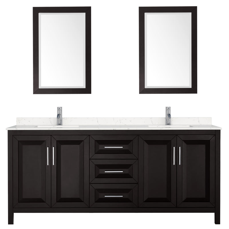 Wyndham Daria 80" Double Bathroom Vanity In Dark Espresso Light-Vein Carrara Cultured Marble Countertop Undermount Square Sinks and 24" Mirrors WCV252580DDEC2UNSM24