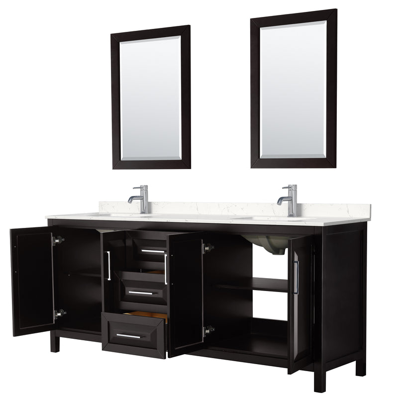 Wyndham Daria 80" Double Bathroom Vanity In Dark Espresso Light-Vein Carrara Cultured Marble Countertop Undermount Square Sinks and 24" Mirrors WCV252580DDEC2UNSM24