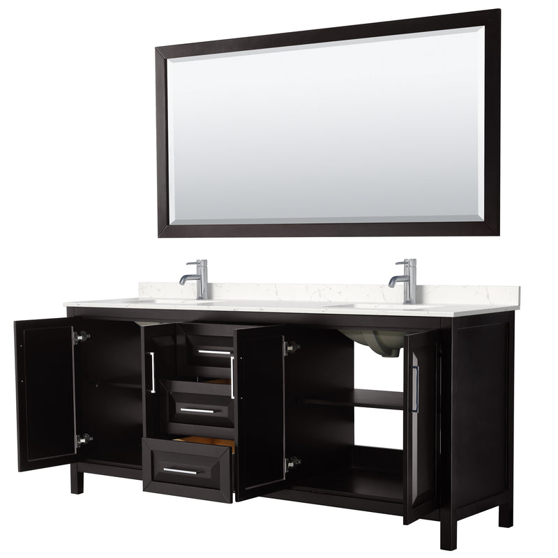 Wyndham Daria 80" Double Bathroom Vanity In Dark Espresso Light-Vein Carrara Cultured Marble Countertop Undermount Square Sinks and 70" Mirror WCV252580DDEC2UNSM70