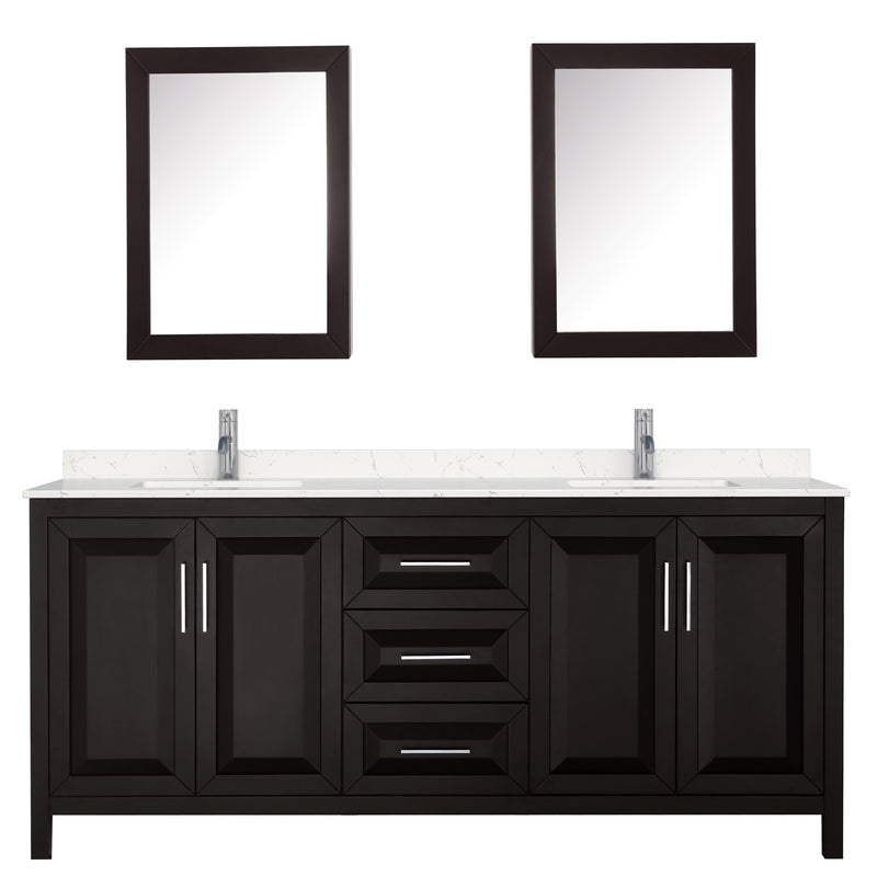 Wyndham Daria 80" Double Bathroom Vanity In Dark Espresso Light-Vein Carrara Cultured Marble Countertop Undermount Square Sinks and Medicine Cabinets WCV252580DDEC2UNSMED