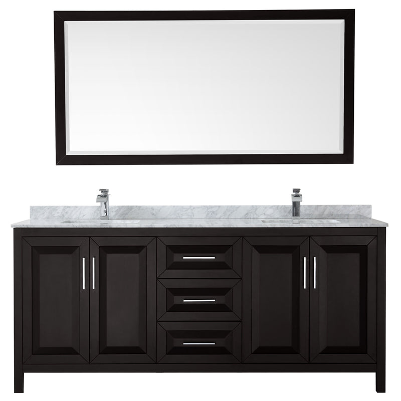 Wyndham Daria 80" Double Bathroom Vanity In Dark Espresso White Carrara Marble Countertop Undermount Square Sink and 70" Mirror WCV252580DDECMUNSM70