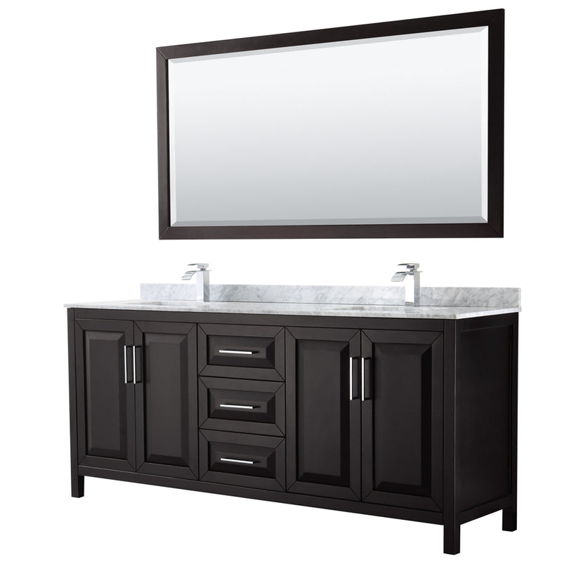 Wyndham Daria 80" Double Bathroom Vanity In Dark Espresso White Carrara Marble Countertop Undermount Square Sink And 70" Mirror WCV252580DDECMUNSM70