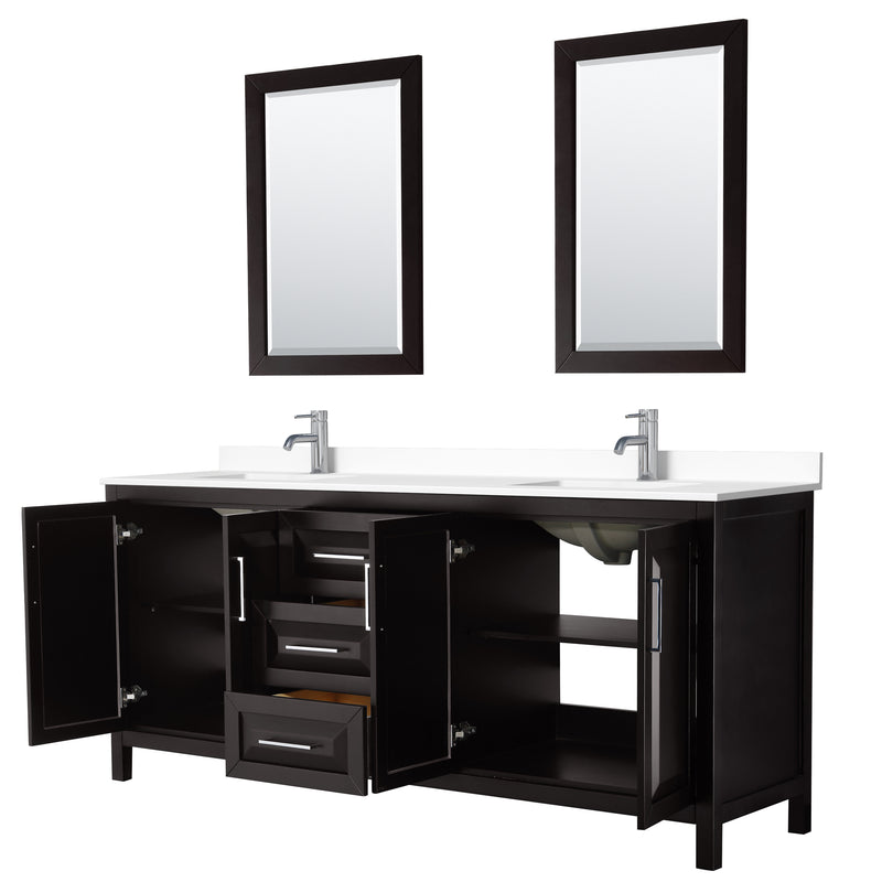 Wyndham Daria 80" Double Bathroom Vanity In Dark Espresso White Cultured Marble Countertop Undermount Square Sinks and 24" Mirrors WCV252580DDEWCUNSM24