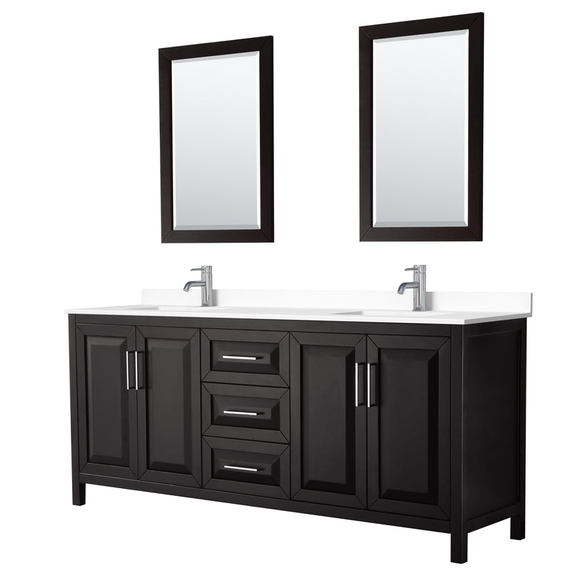 Wyndham Daria 80" Double Bathroom Vanity In Dark Espresso White Cultured Marble Countertop Undermount Square Sinks And 24" Mirrors WCV252580DDEWCUNSM24