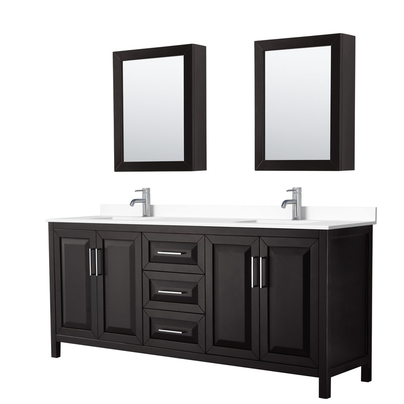 Wyndham Daria 80" Double Bathroom Vanity In Dark Espresso White Cultured Marble Countertop Undermount Square Sinks And Medicine Cabinets WCV252580DDEWCUNSMED