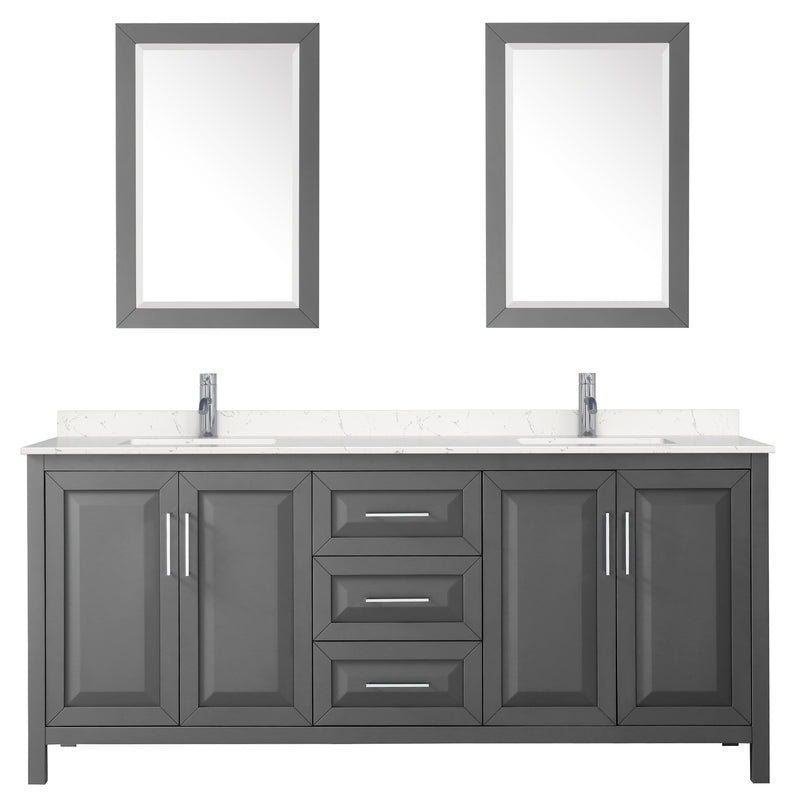 Wyndham Daria 80" Double Bathroom Vanity In Dark Gray Light-Vein Carrara Cultured Marble Countertop Undermount Square Sinks and 24" Mirrors WCV252580DKGC2UNSM24