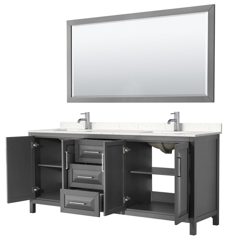 Wyndham Daria 80" Double Bathroom Vanity In Dark Gray Light-Vein Carrara Cultured Marble Countertop Undermount Square Sinks and 70" Mirror WCV252580DKGC2UNSM70