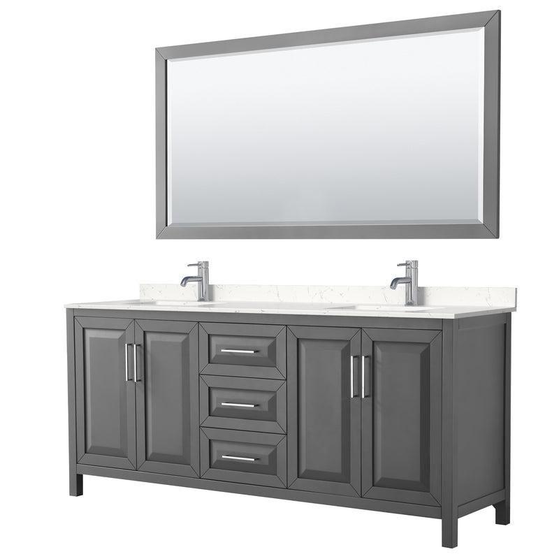 Wyndham Daria 80" Double Bathroom Vanity In Dark Gray Light-Vein Carrara Cultured Marble Countertop Undermount Square Sinks And 70" Mirror WCV252580DKGC2UNSM70