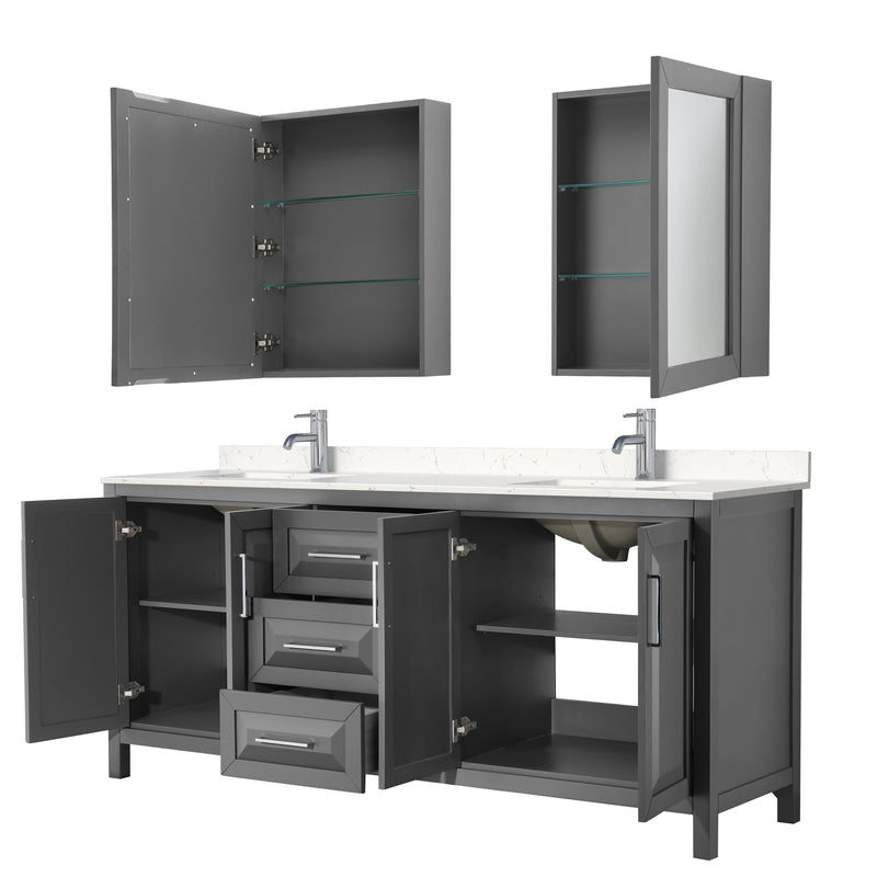 Wyndham Daria 80" Double Bathroom Vanity In Dark Gray Light-Vein Carrara Cultured Marble Countertop Undermount Square Sinks and Medicine Cabinets WCV252580DKGC2UNSMED