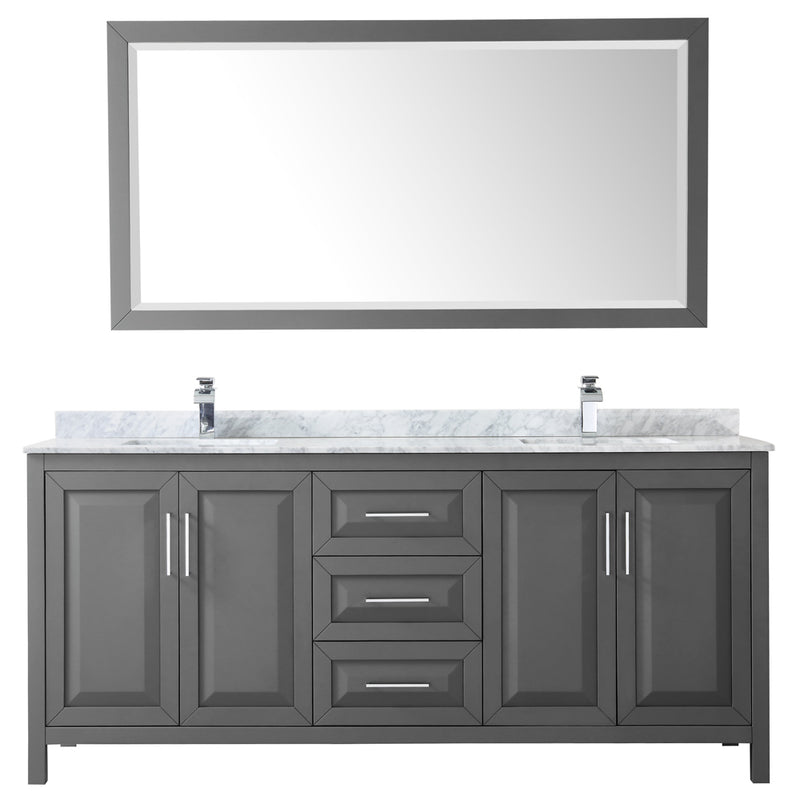 Wyndham Daria 80" Double Bathroom Vanity In Dark Gray White Carrara Marble Countertop Undermount Square Sink and 70" Mirror WCV252580DKGCMUNSM70