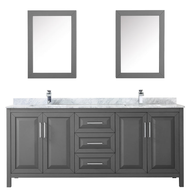 Wyndham Daria 80" Double Bathroom Vanity In Dark Gray White Carrara Marble Countertop Undermount Square Sink and Medicine Cabinet WCV252580DKGCMUNSMED