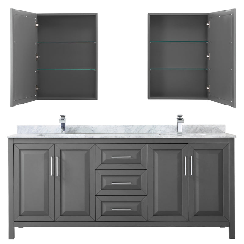 Wyndham Daria 80" Double Bathroom Vanity In Dark Gray White Carrara Marble Countertop Undermount Square Sink and Medicine Cabinet WCV252580DKGCMUNSMED