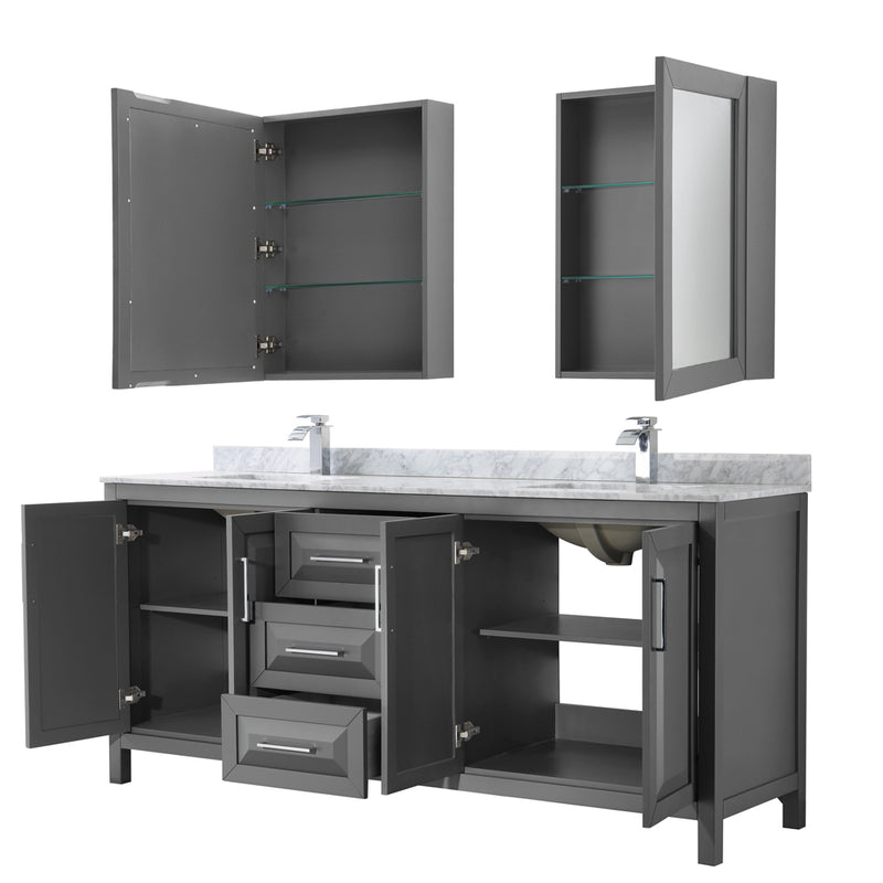 Wyndham Daria 80" Double Bathroom Vanity In Dark Gray White Carrara Marble Countertop Undermount Square Sink and Medicine Cabinet WCV252580DKGCMUNSMED