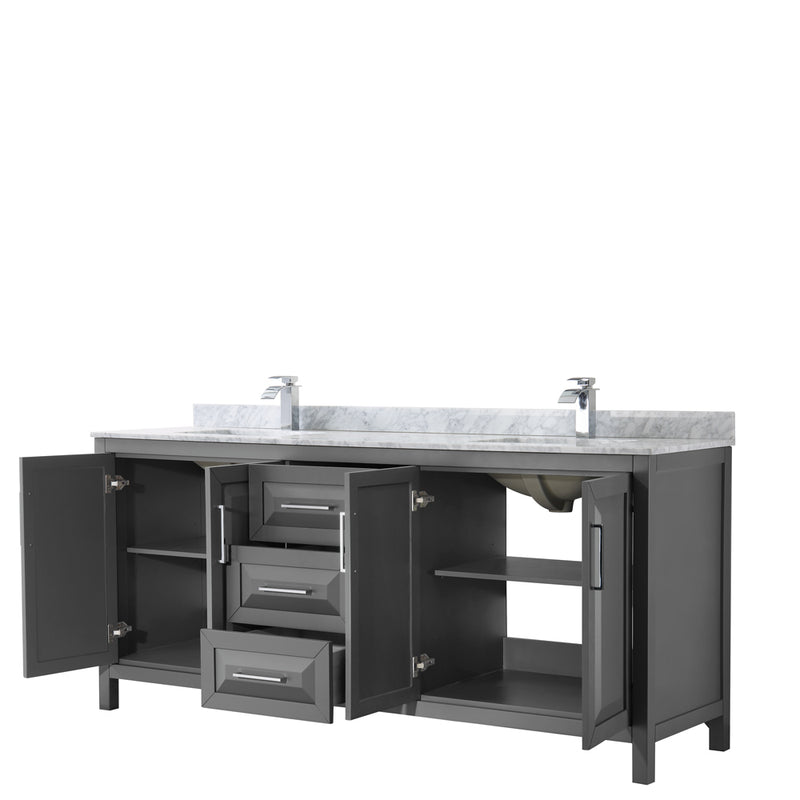 Wyndham Daria 80" Double Bathroom Vanity In Dark Gray White Carrara Marble Countertop Undermount Square Sink and No Mirror WCV252580DKGCMUNSMXX