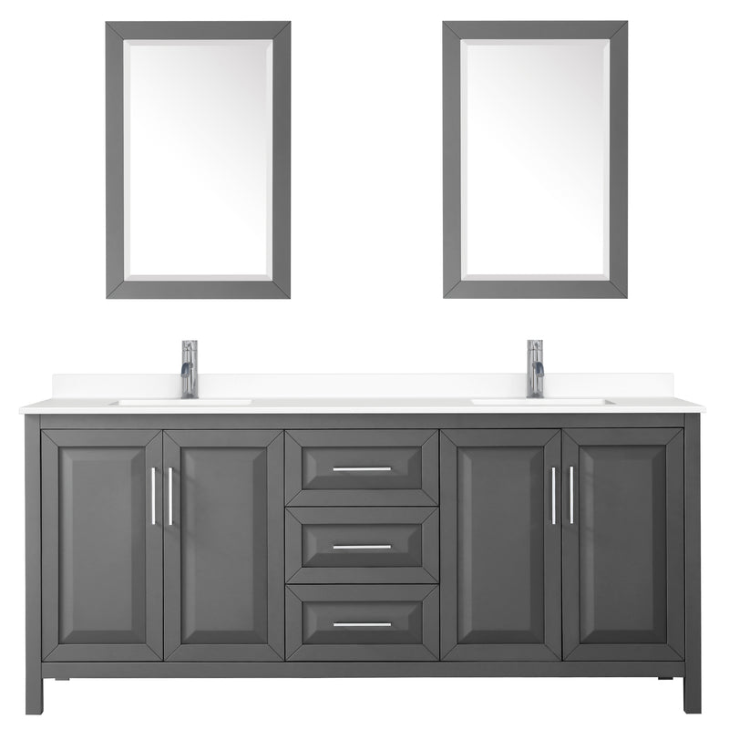 Wyndham Daria 80" Double Bathroom Vanity In Dark Gray White Cultured Marble Countertop Undermount Square Sinks and 24" Mirrors WCV252580DKGWCUNSM24