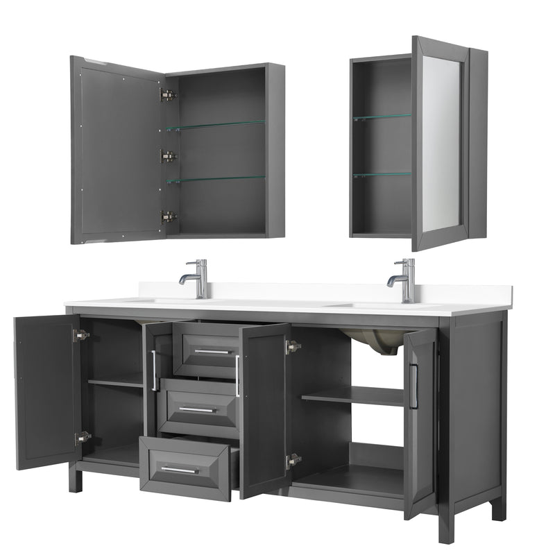 Wyndham Daria 80" Double Bathroom Vanity In Dark Gray White Cultured Marble Countertop Undermount Square Sinks and Medicine Cabinets WCV252580DKGWCUNSMED