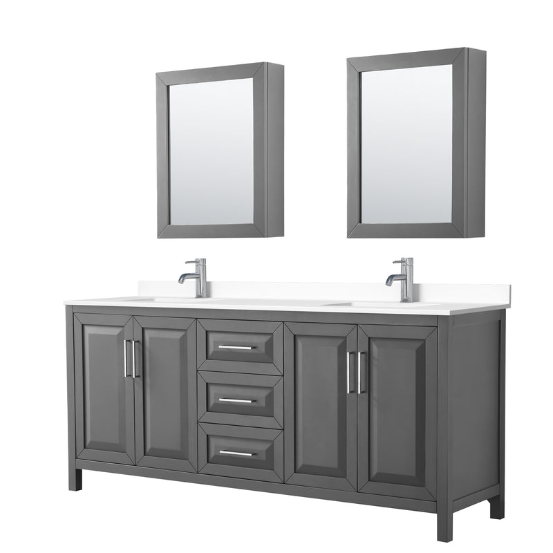 Wyndham Daria 80" Double Bathroom Vanity In Dark Gray White Cultured Marble Countertop Undermount Square Sinks And Medicine Cabinets WCV252580DKGWCUNSMED