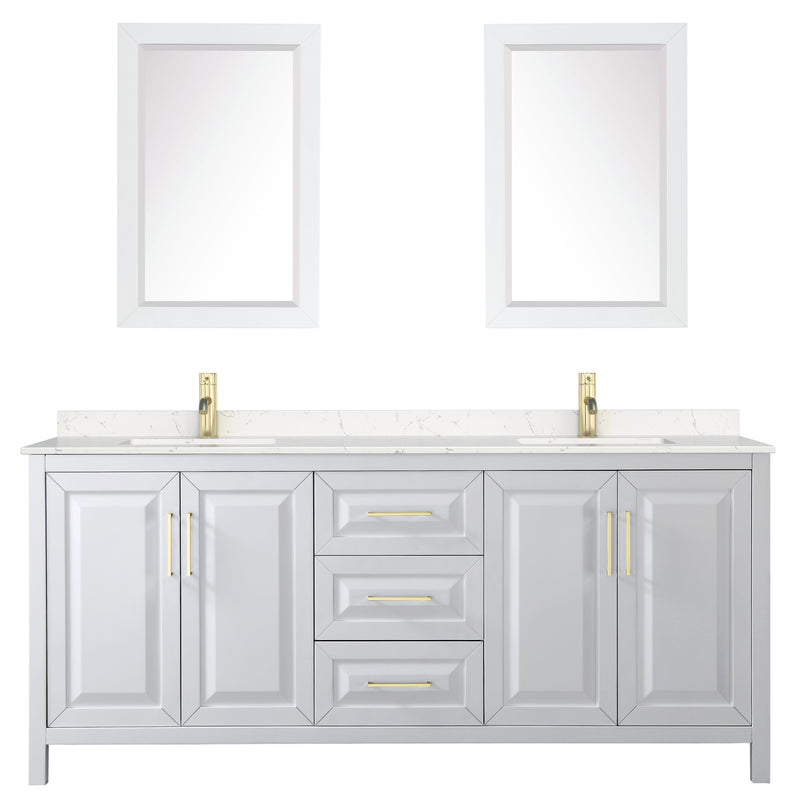 Wyndham Daria 80" Double Bathroom Vanity In White Light-Vein Carrara Cultured Marble Countertop Undermount Square Sinks Brushed Gold Trims and 24" Mirrors WCV252580DWGC2UNSM24