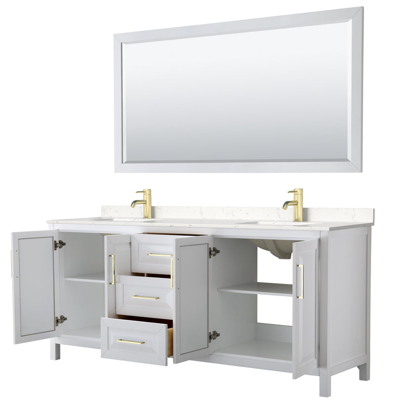 Wyndham Daria 80" Double Bathroom Vanity In White Light-Vein Carrara Cultured Marble Countertop Undermount Square Sinks Brushed Gold Trims and 70" Mirror WCV252580DWGC2UNSM70