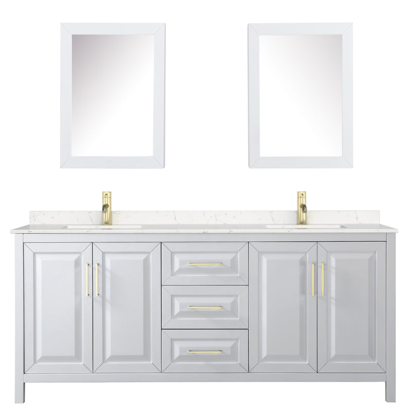 Wyndham Daria 80" Double Bathroom Vanity In White Light-Vein Carrara Cultured Marble Countertop Undermount Square Sinks Brushed Gold Trims and Medicine Cabinets WCV252580DWGC2UNSMED